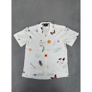 Malibu Shirt Mens Medium Ecru Button Up Lightweight Embroidered Butterflies Life